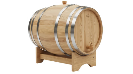Wooden wine barrel isolated PNG on transparent background, oak cask with metal hoops for storing...