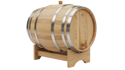 Wooden wine barrel isolated PNG on transparent background, oak cask with metal hoops for storing and aging beverages in cellars