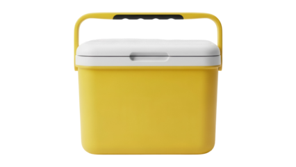 Yellow cooler box PNG isolated on transparent background, portable ice chest for camping and outdoor activities