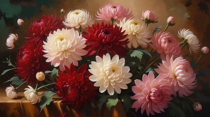 Red, pink, white chrysanthemums, natural arrangement. Dark painterly colorful textured bg. Soft, dramatic, romantic vintage lighting. Detailed, realistic oil-on-canvas, Wallpaper, wallart.