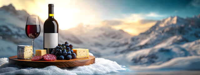 A bottle of wine with a glass, grapes, cheese, and salami on a wooden board against a backdrop of snow-capped mountains and a clear sky, a tourism and gastronomic theme