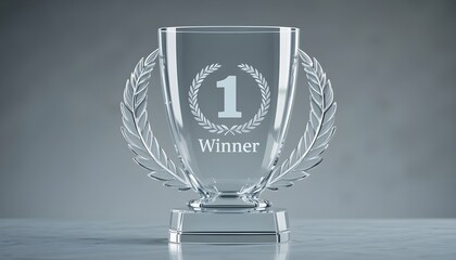 Winner glass trophy with transparent crystal body, engraved laurel wreath, and glossy first-place symbol ideal for award ceremonies, championship prizes, business achievements, and realistic vector il