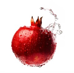 Whole pomegranate with vibrant red skin, captured mid-splash with clear water droplets that emphasize its glossy texture and natural freshness. 