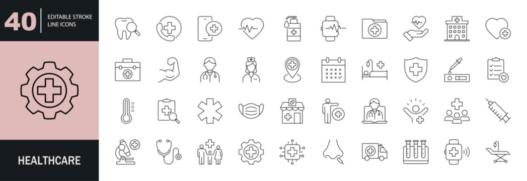 Healthcare icon set. Editable line icons. Vector illustration.