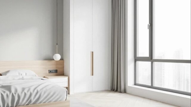 Modern bedroom showcasing minimalist design with hanging light fixture and large window creating bright and airy atmosphere in contemporary apartment.