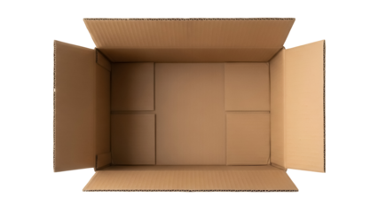 Open brown cardboard box isolated PNG, empty container for shipping and storage on transparent background