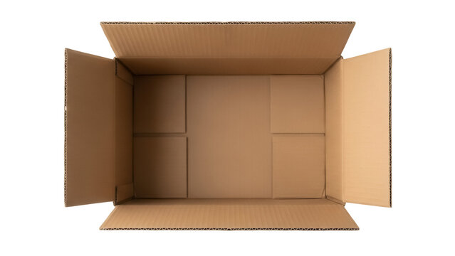 Open brown cardboard box isolated PNG, empty container for shipping and storage on transparent background