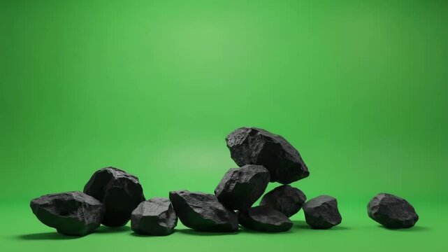 Falling Black Rocks on Green Screen Background