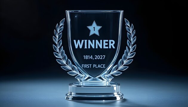 Winner glass trophy with transparent crystal body, engraved laurel wreath, and glossy first-place symbol ideal for award ceremonies, championship prizes, business achievements, and realistic vector il