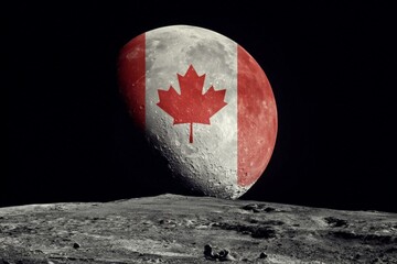 Canadian flag on the moon with lunar surface