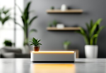 Fototapeta premium Modern Minimalist Indoor Scene with Decorative Plant on Stylish White Display Table against Gray Background