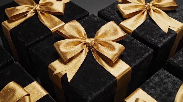 Stunning top-down view of several identically sized matte black gift boxes arranged symmetrically, contrasted sharply by bright metallic golden ribbons shadows, flat lay, luxury packaging