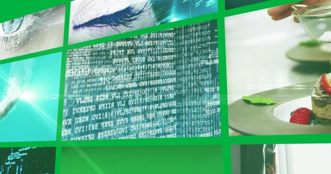 Animation of screens with data processing, woman's face and breakfast