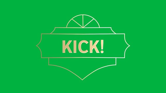 Animation of gold text kick, in decorative gold frame, on black background