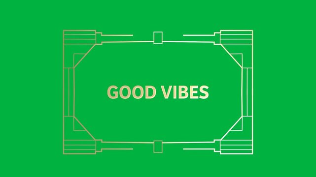 Animation of gold text good vibes, in decorative gold frame, on black background