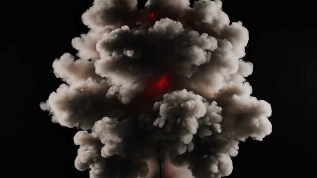 Stunning ultra slow motion muzzle flash and dense smoke puff expanding dramatically against a stark black void backdrop energy release, aggressive, volumetric smoke