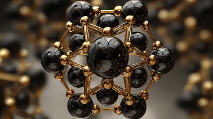 Abstract representation of black and gold atomic structure featuring interconnected spheres and bonds, symbolizing molecular connectivity and modern science.
