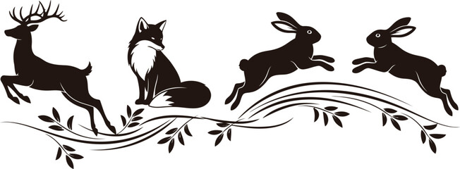 Obraz premium Wild animals running through forest silhouette