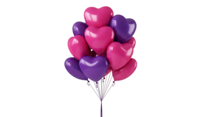 Bunch of pink and purple heart shaped balloons isolated on transparent background