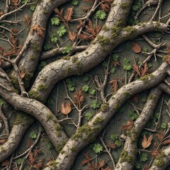 Obraz premium Intertwined tree branches with moss, dry leaves form natural camouflage pattern. Small green plants grow in wood texture, suggesting outdoor forest environment suitable for hunting or tactical themes.