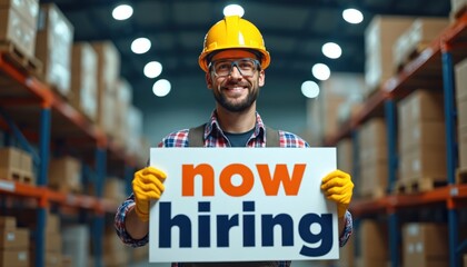 Smiling male warehouse worker in hard hat and safety glasses holds Now Hiring sign. He wears gloves, plaid shirt, and suspenders, standing among shelves stacked with boxes.