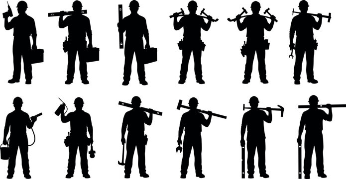 Professional Construction Worker Silhouettes Set Featuring Handymen Carrying Tools, Hammers, Levels, Drills, and Toolboxes for Industrial Service and Repair Projects. - Powered by Adobe
