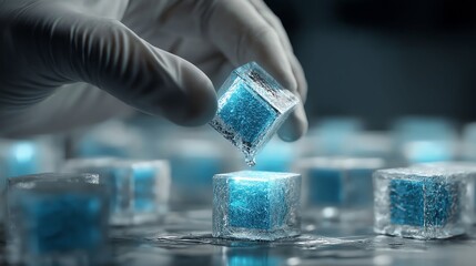gloved hand holding glowing blue ice cube in quantum computing experiment