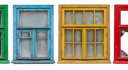 Collection of old colorful wooden window frames isolated on transparent background