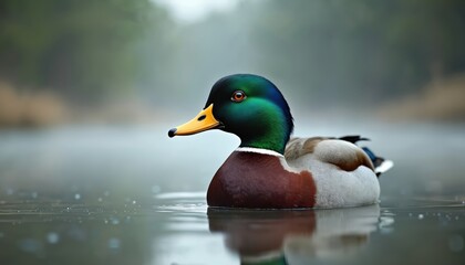 Obraz premium Male mallard duck swims on calm water pond. Green head iridescent feathers gleam. Bird floats on surface reflecting forest mist background. Natural wildlife scene.