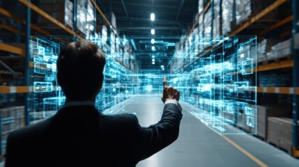 Business Professional Interacting with Virtual Interface in Modern Warehouse, Exploring Innovative Technology and Data Management Solutions for Logistics