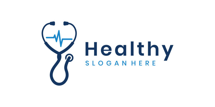 Medical healthy stethoscope logo with heartbeat pulse line