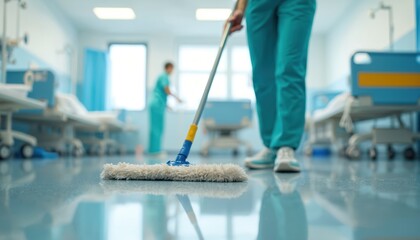 Medical worker mops floor in clean hospital room. Another staff member cleans in background near patient beds. Hygiene and sanitation are key to patient care. Sterile environment maintained daily.