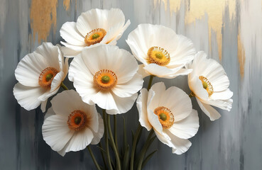 Obraz premium White poppies with golden centers bloom in artistic floral painting. Textured brushstrokes on soft background create elegant abstract art. Modern decor design highlights nature.