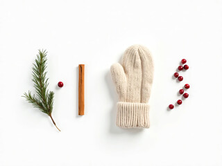 Top-down flat lay of minimalist winter items on white
