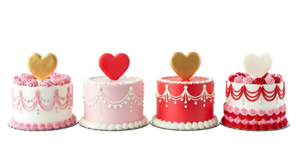 Four miniature cakes with heart shaped decorations isolated on transparent background