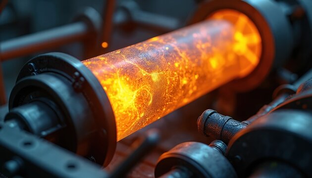 Molten metal cylinder glows intensely with orange flames inside industrial machine. Fiery heat transforms material in manufacturing plant. Close up of heavy industry forging process, sparks fly.