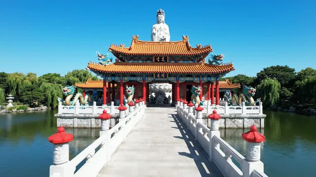 Buddhist Temple Bridge with Red Lanterns.