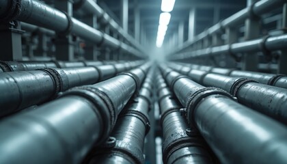 Rows of gray insulated industrial pipes recede into dim distance. Metal conduits form complex network in factory. Machine system runs unseen.