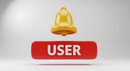 Yellow notification bell above red button with white text U S E R alert warning