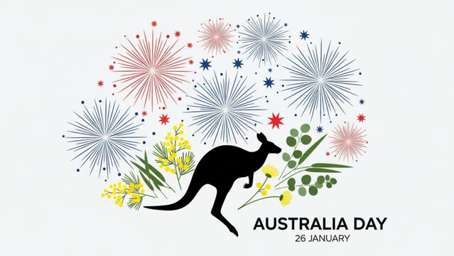 Australia Day Celebration: A silhouette of a kangaroo stands proudly against a backdrop of celebratory fireworks and floral elements. - Powered by Adobe