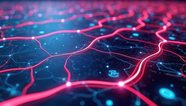 Abstract network of glowing red lines and blue dots on dark background. Represents connections data flow or digital pathways. Futuristic science technology concept. - Powered by Adobe