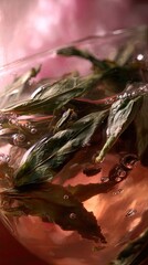 Closeup Sparkling Drink With Pink Hue And Leaves