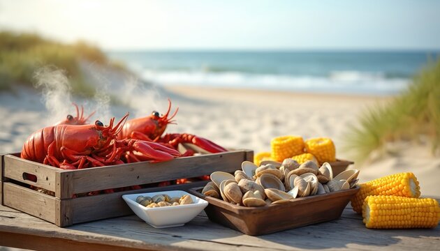 Freshly steamed lobsters, clams, and corn sit on a wooden table at a beach. Ocean waves roll in the background under a clear blue sky. A perfect outdoor summer feast.