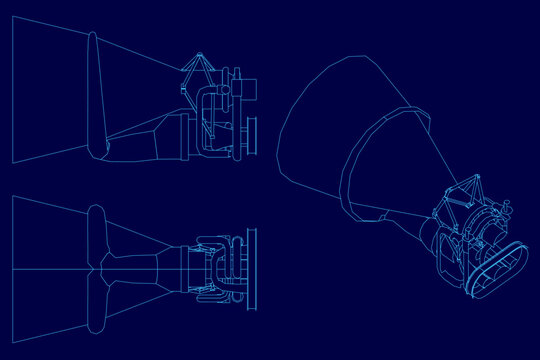 Blueprint of a rocket engine on a blue background, featuring detailed technical schematics, labeled engine components, and precise contour lines for scientific or engineering use.