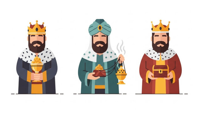 Three Kings' Journey: In a symbolic representation, three regal kings are depicted, each adorned in majestic attire and bearing symbolic gifts. Their expressions evoke reverence. 