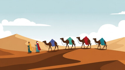 Journey to the Oasis: A caravan of camels traverses the endless expanse of the desert, guided by figures in flowing robes, their destination, a promise of life amidst the sands.
