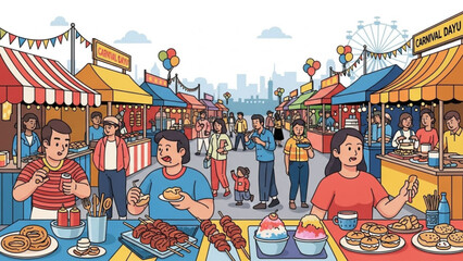 Vibrant Street Food Festival: A bustling street food festival unfolds, with food vendors, colorful stalls, and a lively crowd enjoying diverse culinary delights.
