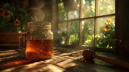 Honey Jar By Window In Rustic Setting