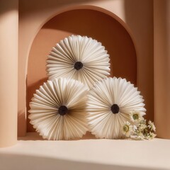 Three Paper Fans Arrangement On Beige Background
