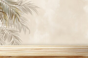 Empty Light Brown Wooden Table With Palm Leaf Shadows
